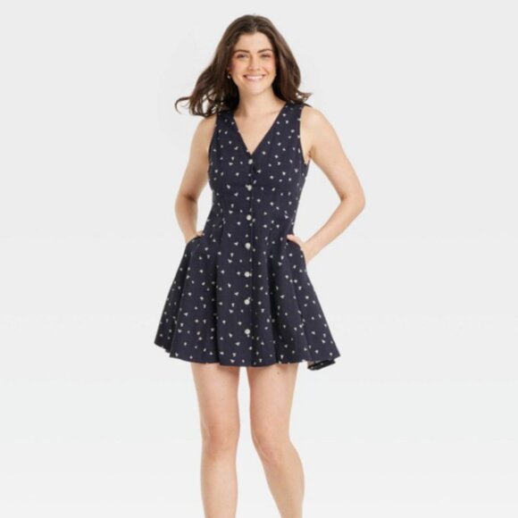 Navy Blue Floral Button-Front Godet Mini A-Line Dress XL - New without tags - Picture 2 of 12